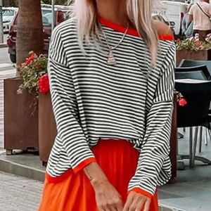 Amazon 100% Cotton Black/White Stripe Sweater / Red Trim / Hi-Lo Hem - Medium